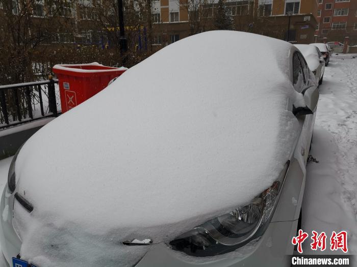 庭院的车辆被雪覆盖。　姜辉 摄